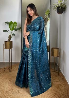 Teal Blue Embroidery Silk Saree Set