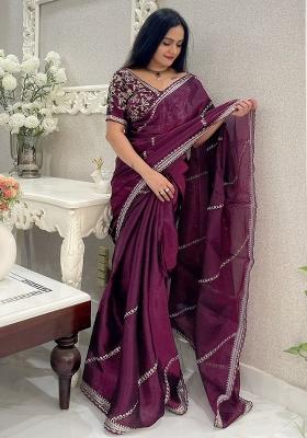 Wine Embroidery Silk Saree Set
