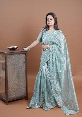 Lavender Embroidery Net Saree Set