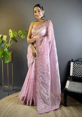 Lavender Embroidery Net Saree Set