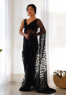 Black Embroidery Net Saree Set