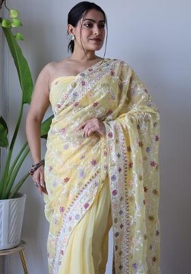 Yellow Embroidery Net Saree Set