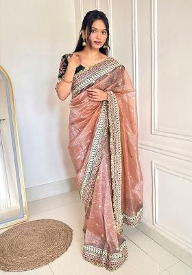 Peach Embroidery Banarasi Saree Set
