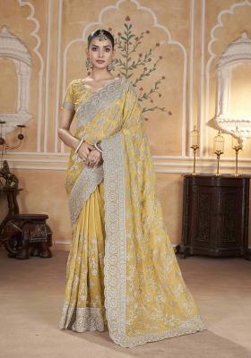 Yellow Embroidery Gold Crunchy Saree Set