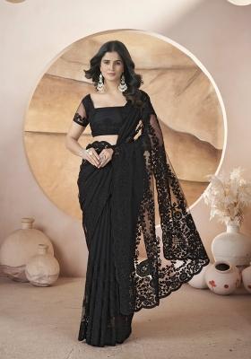 Black Embroidery Net Saree Set