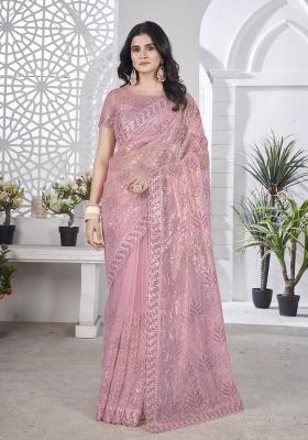 Peach Embroidery Net Saree Set