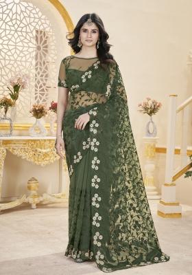 Green Embroidery Net Saree Set