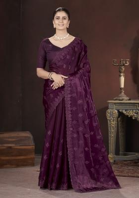Wine Embroidery Silk Saree Set