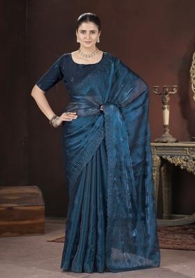 Teal Blue Embroidery Silk Saree Set