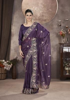Purple Embroidery Gold Crunchy Saree Set