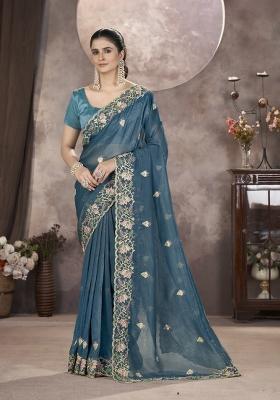 Teal Blue Embroidery Gold Crunchy Saree Set