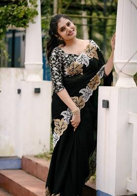 Black Embroidery Silk Saree Set