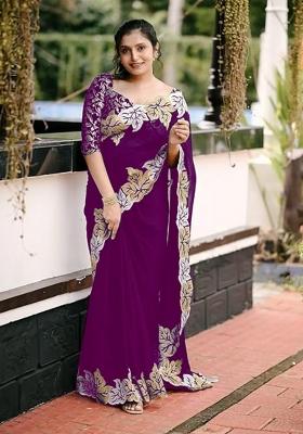 Wine Embroidery Silk Saree Set