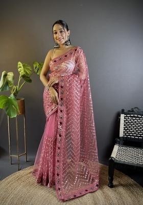 Pink Embroidery Net Saree Set