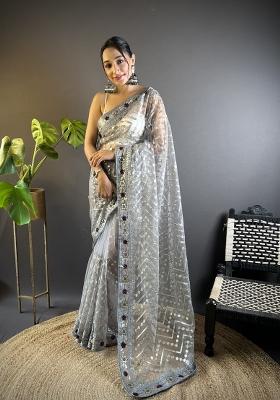 Grey Embroidery Net Saree Set