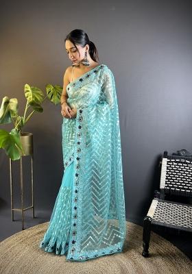 Teal Embroidery Net Saree Set