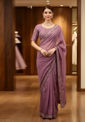 Purple Embroidery Gold Crunchy Saree Set