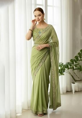 Green Embroidery Gold Crunchy Saree Set