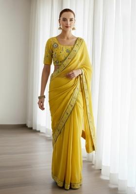 Yellow Embroidery Gold Crunchy Saree Set