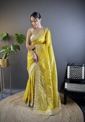 Yellow Embroidery Gold Crunchy Saree Set