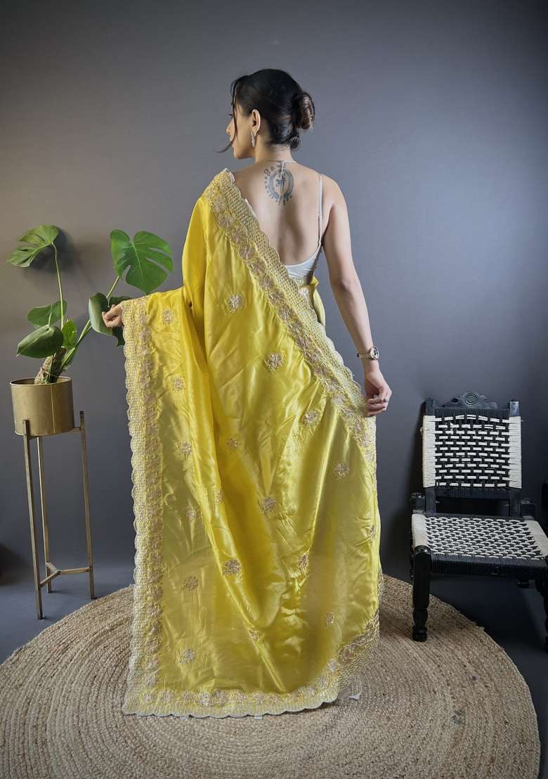 Yellow Embroidery Gold Crunchy Saree Set for Diwali and Festive Wear - Indya