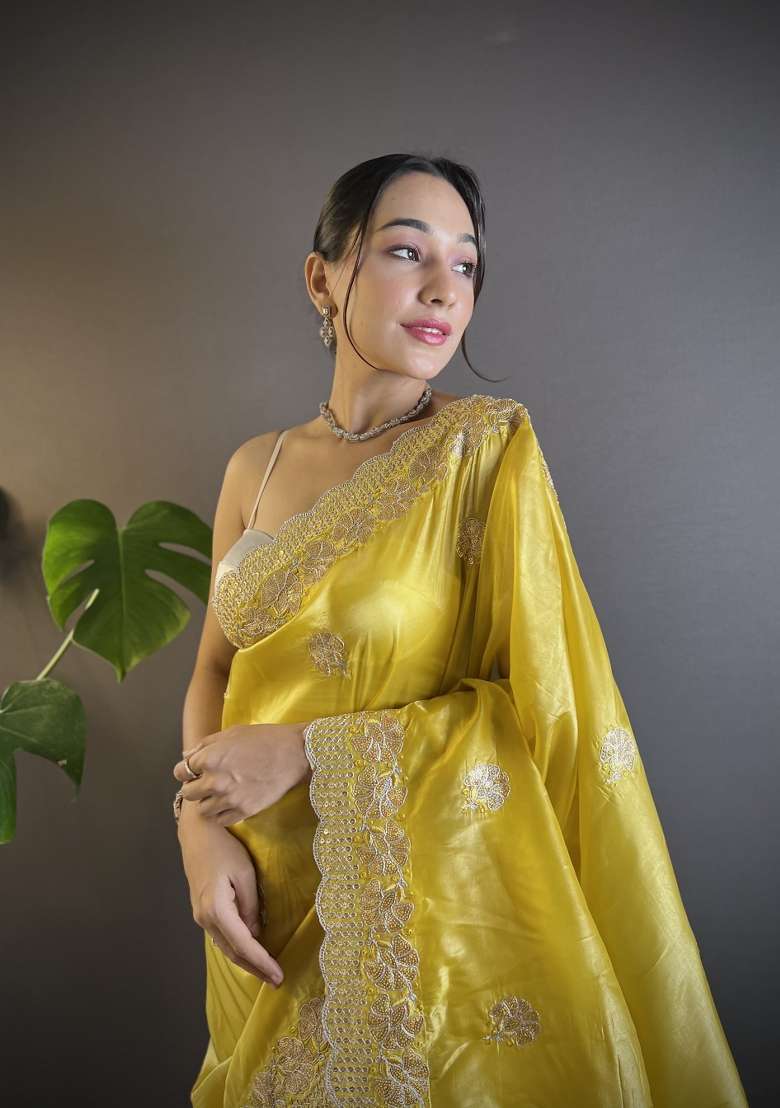 Yellow Embroidery Gold Crunchy Saree Set for Diwali and Festive Wear - Indya