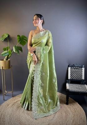 Green Embroidery Gold Crunchy Saree Set