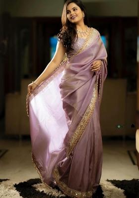 Lavender Embroidery Silk Saree Set