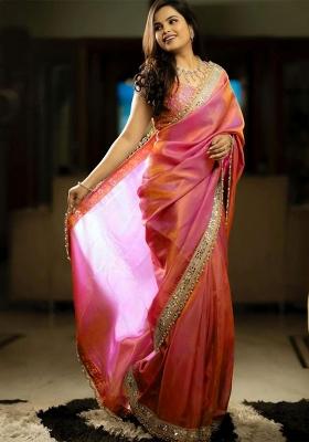 Pink Embroidery Silk Saree Set