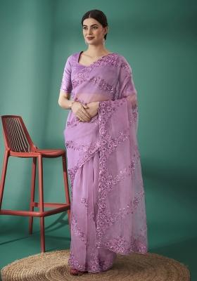 Purple Embroidery Silk Saree Set
