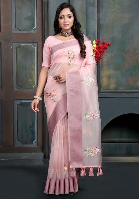 Pink Embroidery Silk Saree Set