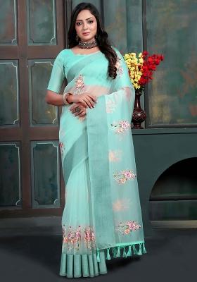 Teal Blue Embroidery Silk Saree Set