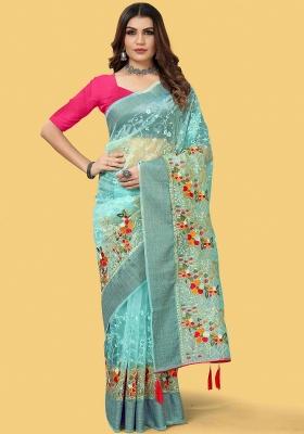 Teal Blue Thread Work Silk Saree Set