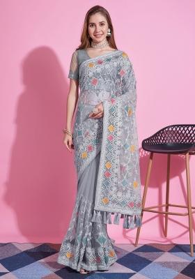 Grey Embroidery Net Saree Set