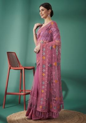 Pink Embroidery Net Saree Set