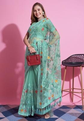 Pista Embroidery Net Saree Set