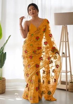 Yellow Embroidery Net Saree Set