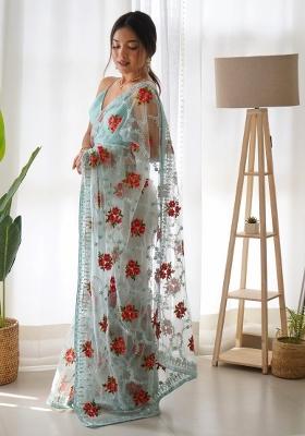 Blue Embroidery Net Saree Set
