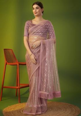 Pink Embroidery Net Saree Set