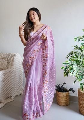 Lavender Embroidery Silk Saree Set