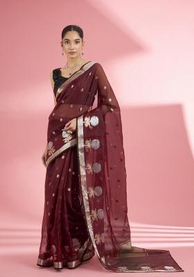 Maroon Zari Work Silk Saree Set