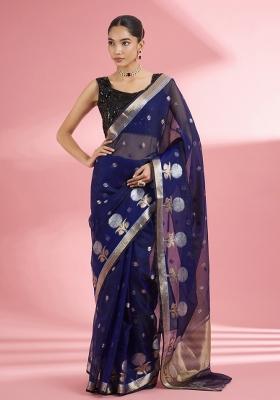 Blue Zari Work Silk Saree Set