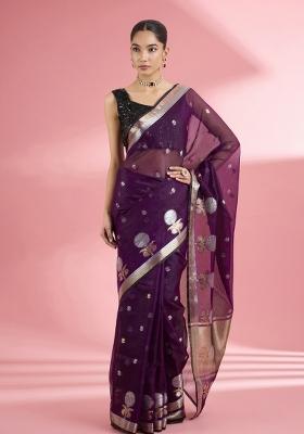 Wine Zari Work Silk Saree Set