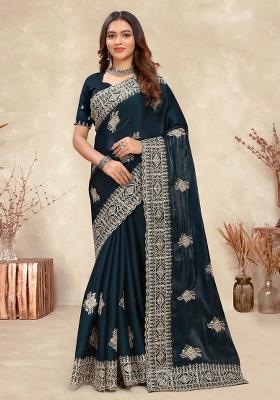 Teal Blue Sequin Work Silk Saree Set