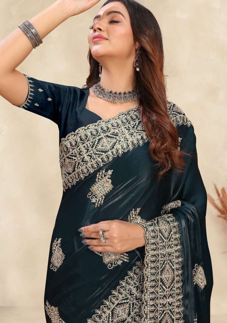 Teal Blue Sequin Work Silk Saree Set for Diwali and Festive Wear - Indya