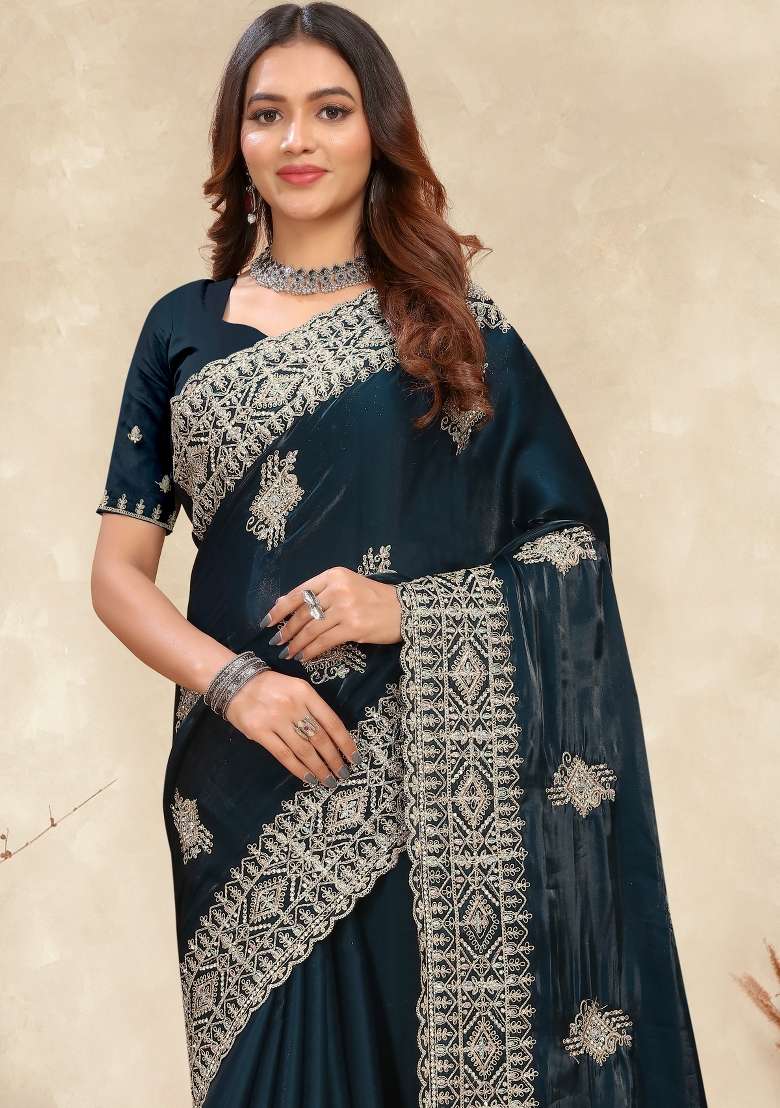 Teal Blue Sequin Work Silk Saree Set for Diwali and Festive Wear - Indya