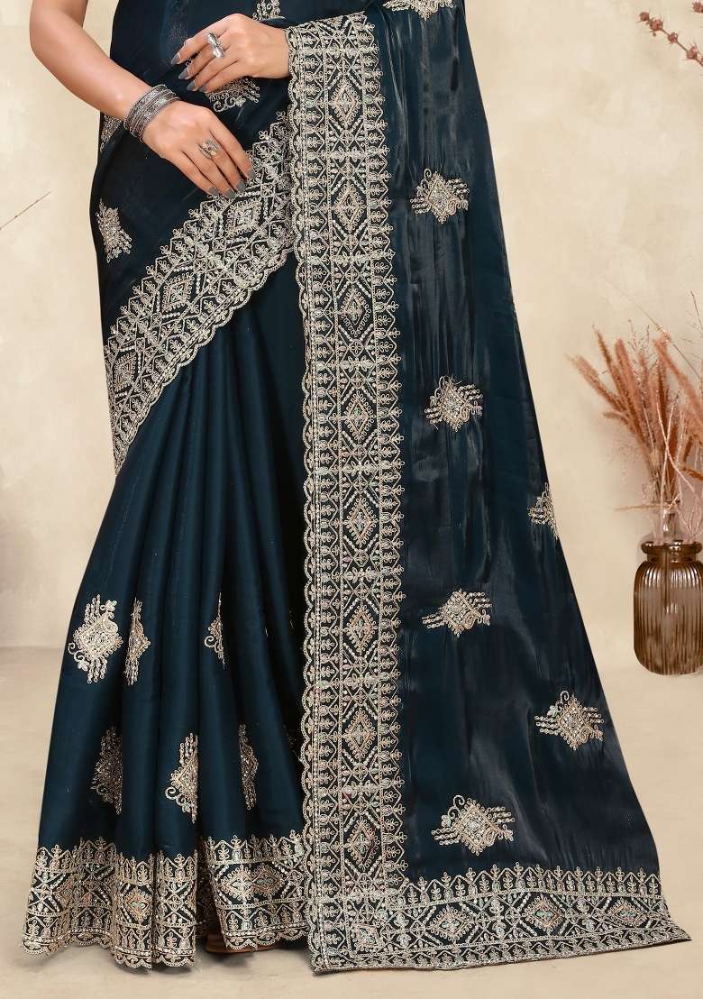 Teal Blue Sequin Work Silk Saree Set for Diwali and Festive Wear - Indya
