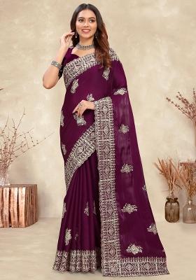 Wine Sequin Work Silk Saree Set