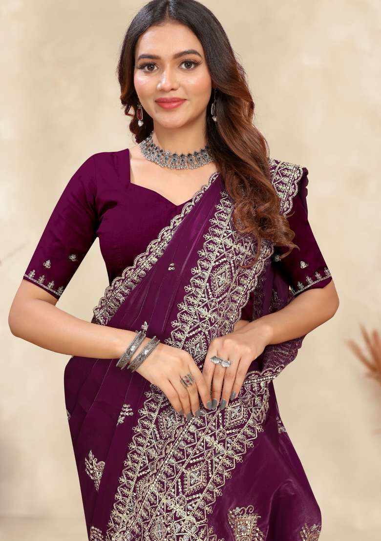 Wine Sequin Work Silk Saree Set for Diwali and Festive Wear - Indya