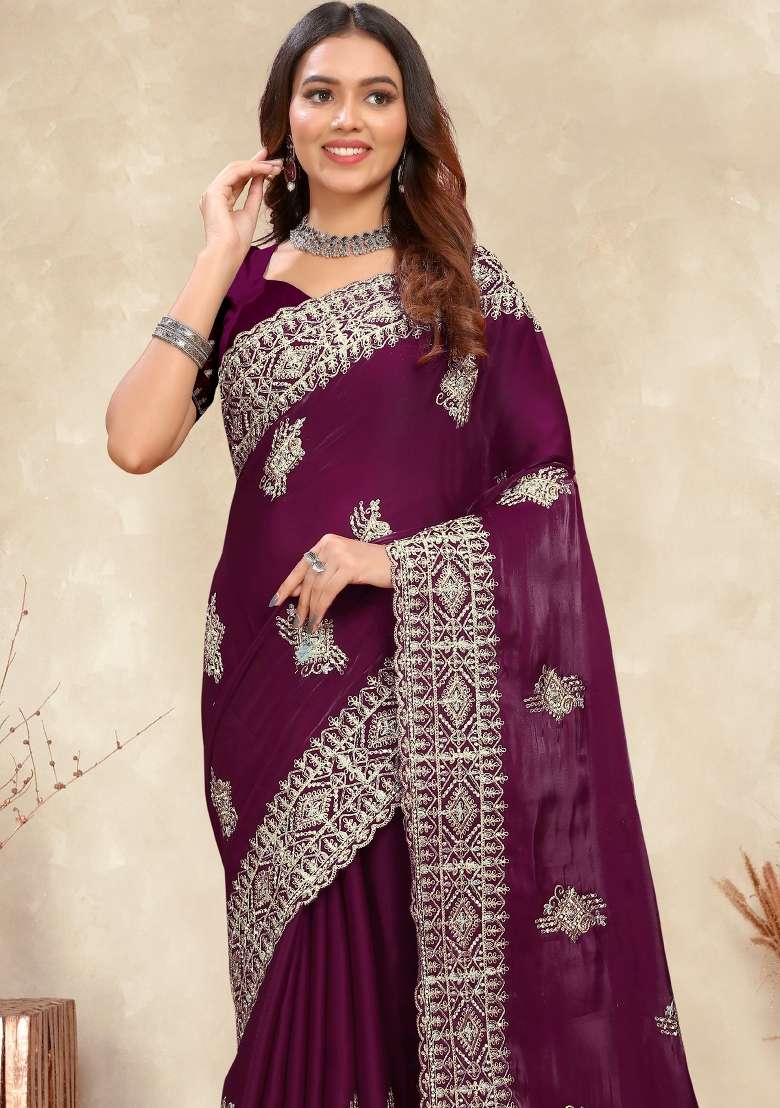Wine Sequin Work Silk Saree Set for Diwali and Festive Wear - Indya